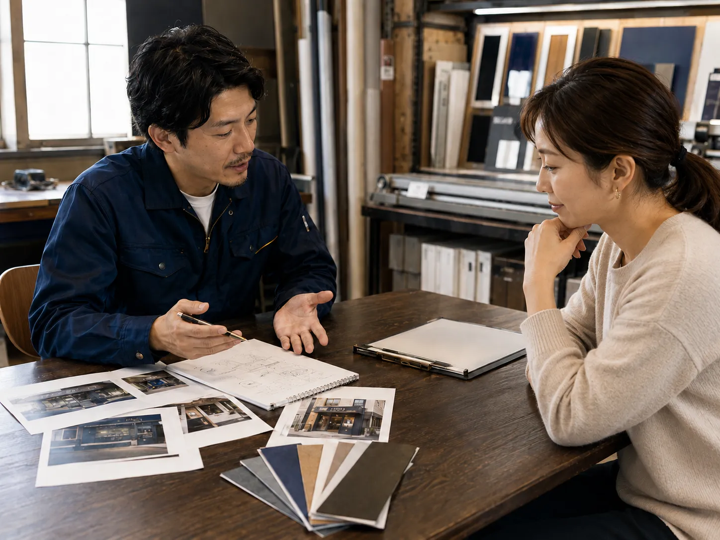 看板のイメージが決まる前の段階から、女性の店舗オーナーと看板企画スタッフが相談している様子