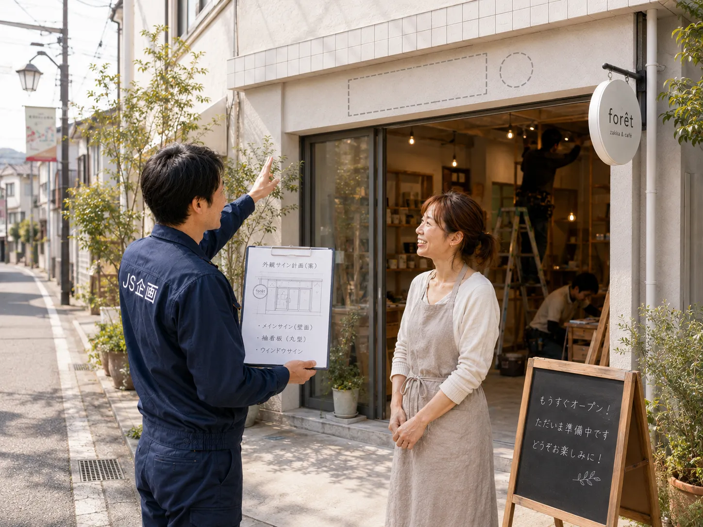 新店舗オープン準備中の店先で、女性オーナーと看板企画スタッフが外観サインについて相談しているイメージ
