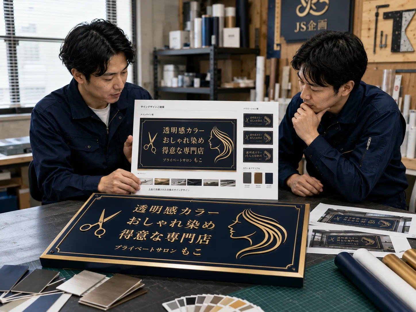 合同会社JS企画の看板企画・デザイン・製作。美容室看板の提案ボードと完成見本を確認するスタッフ