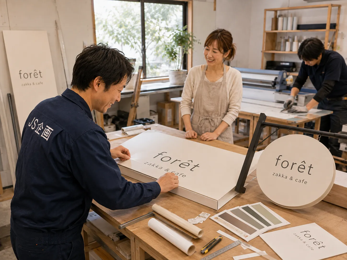 合同会社JS企画と提携先FORWARD SIGNによる、カフェ看板の製作イメージ。温かな工房内で看板づくりを進めている様子