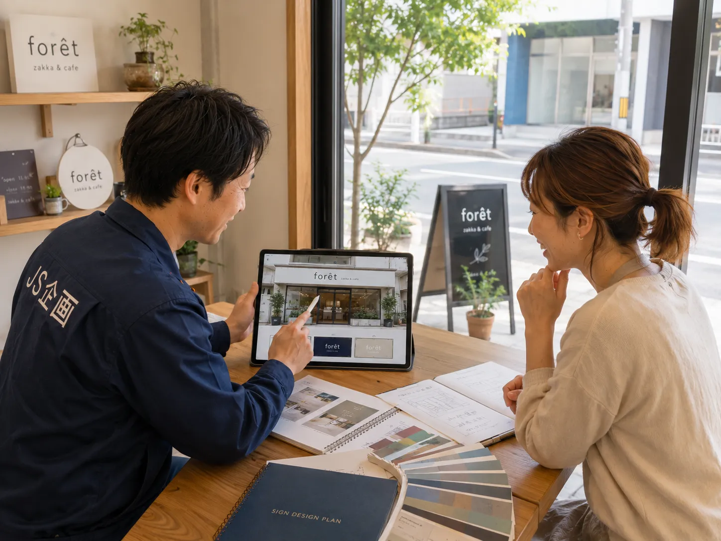 合同会社JS企画の看板デザイン提案イメージ。女性オーナーとスタッフがタブレットで店舗外観の看板イメージを確認している様子